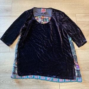 Johnny Was Women’s Purple Velvet Floral Scoop Neck 3/4 Sleeve Tunic Size XS